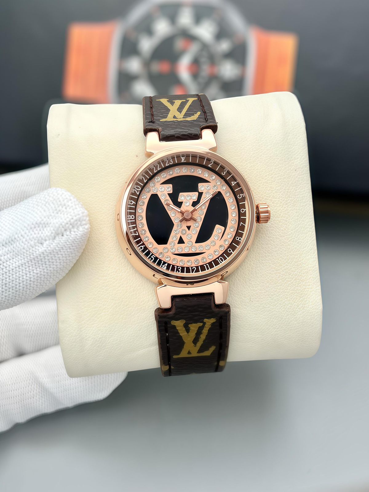 Buy First Copy Louis Vuitton Rose Gold Brown Monogram Crystal Logo Ladies Watch - Master Quality 7A Mirror at Lowest Price Online India