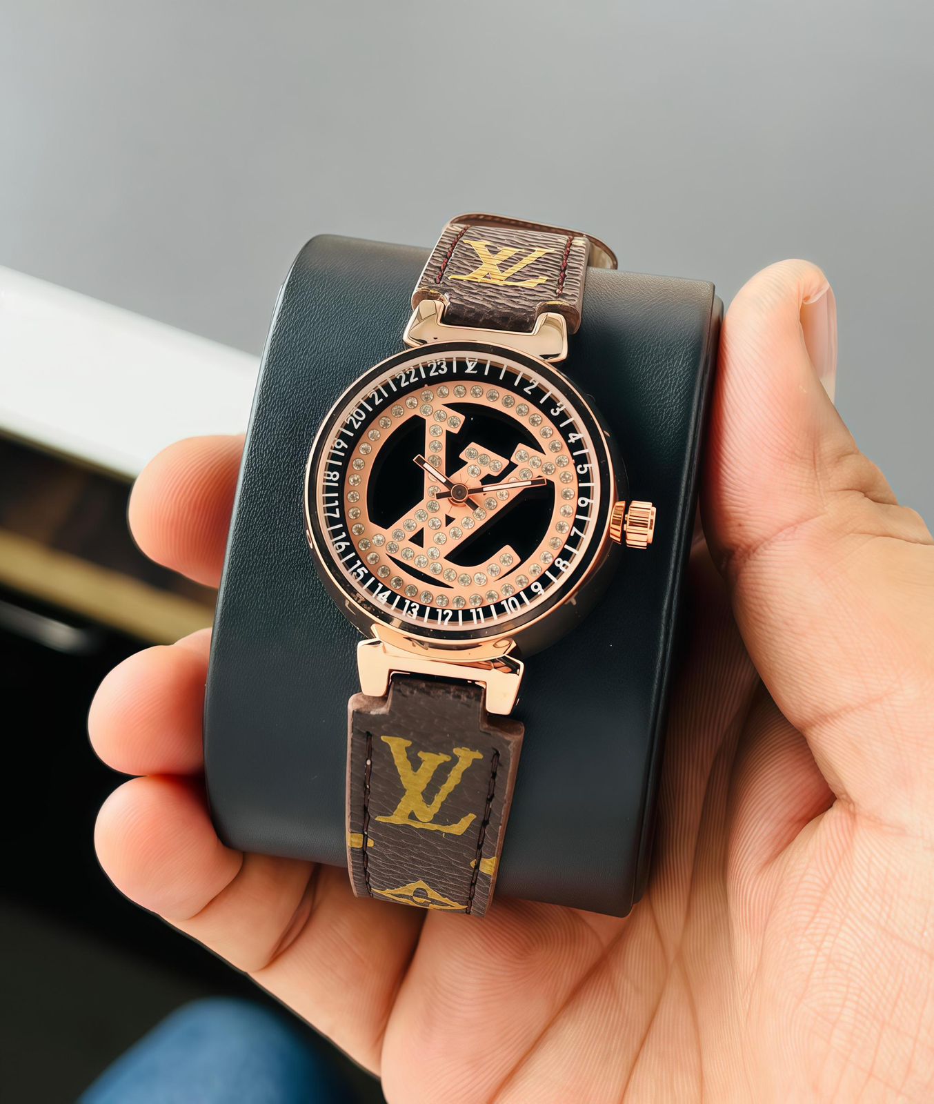Buy First Copy Louis Vuitton Rose Gold Brown Monogram Crystal Logo Ladies Watch - Master Quality 7A Mirror at Lowest Price Online India