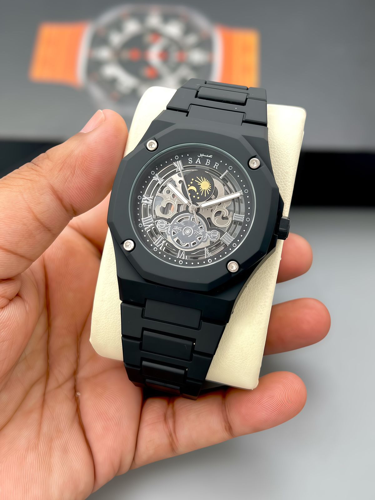 Buy First Copy SABR Black Skeleton Sun Moon Dial 42mm Quartz Movement Men’s Watch - Master Quality 7A Mirror at Lowest Price Online India