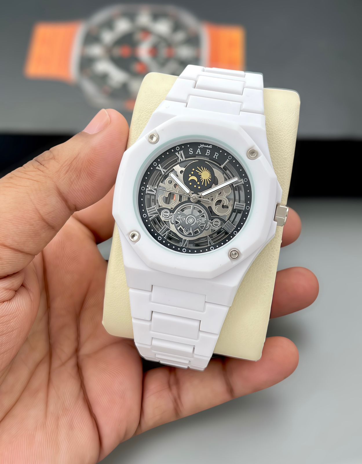 Buy First Copy SABR Black Skeleton Sun Moon Dial 42mm Quartz Movement Men’s Watch - Master Quality 7A Mirror at Lowest Price Online India