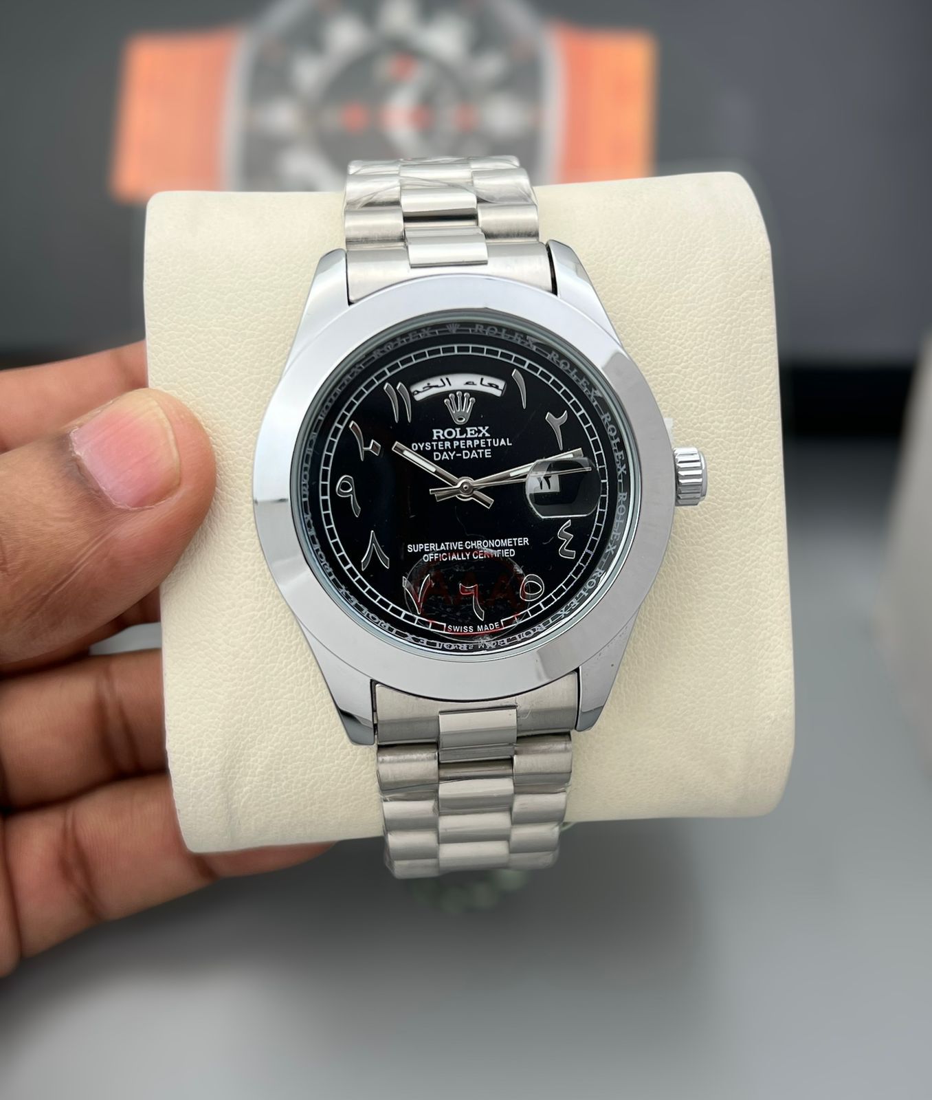 Buy First Copy Rolex Day Date Arabic Dial Stainless Steel 42mm Quartz Movement Men’s Watch - Master Quality 7A Mirror at Lowest Price Online India