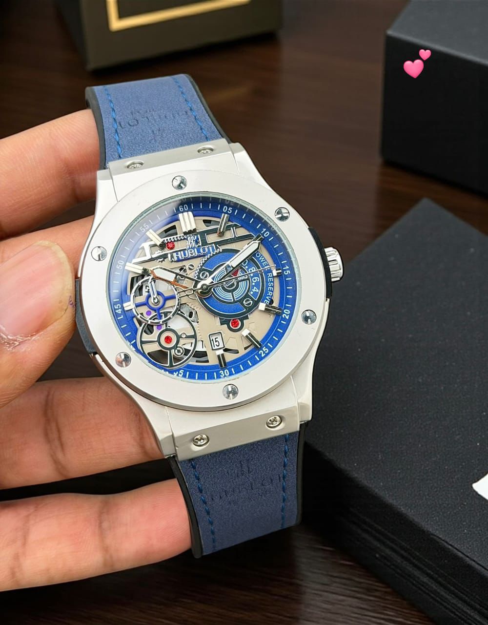 Buy First Copy Hublot Skeleton Silver Case 44mm Quartz Movement Men’s Watch - Master Quality 7A Mirror at Lowest Price Online India