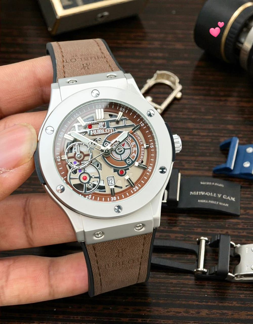 Buy First Copy Hublot Skeleton Silver Case 44mm Quartz Movement Men’s Watch - Master Quality 7A Mirror at Lowest Price Online India
