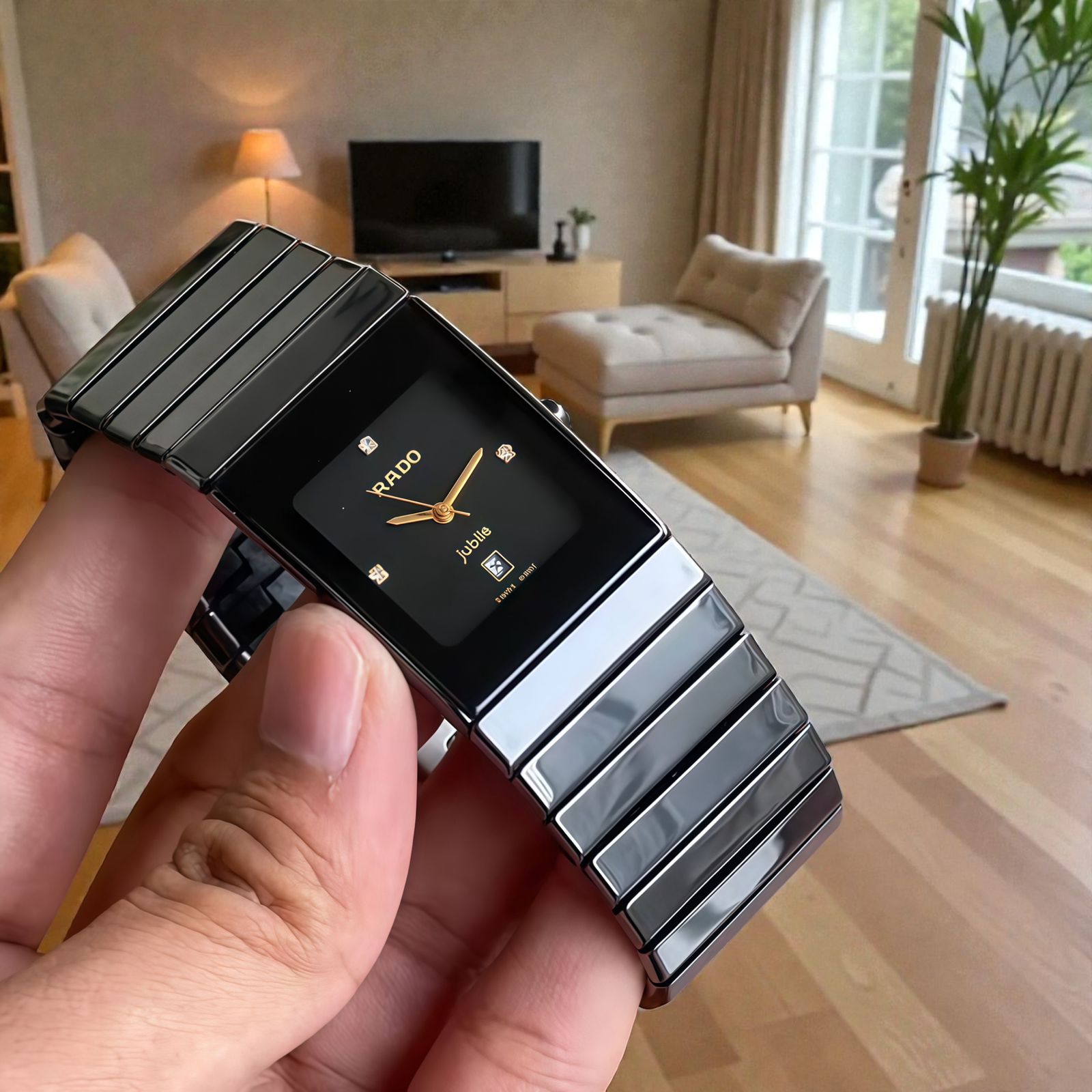 Buy First Copy Rado Jubile Black Ceramic Rectangular Diamond Dial Quartz Movement Men’s Watch - Master Quality 7A Mirror at Lowest Price Online India