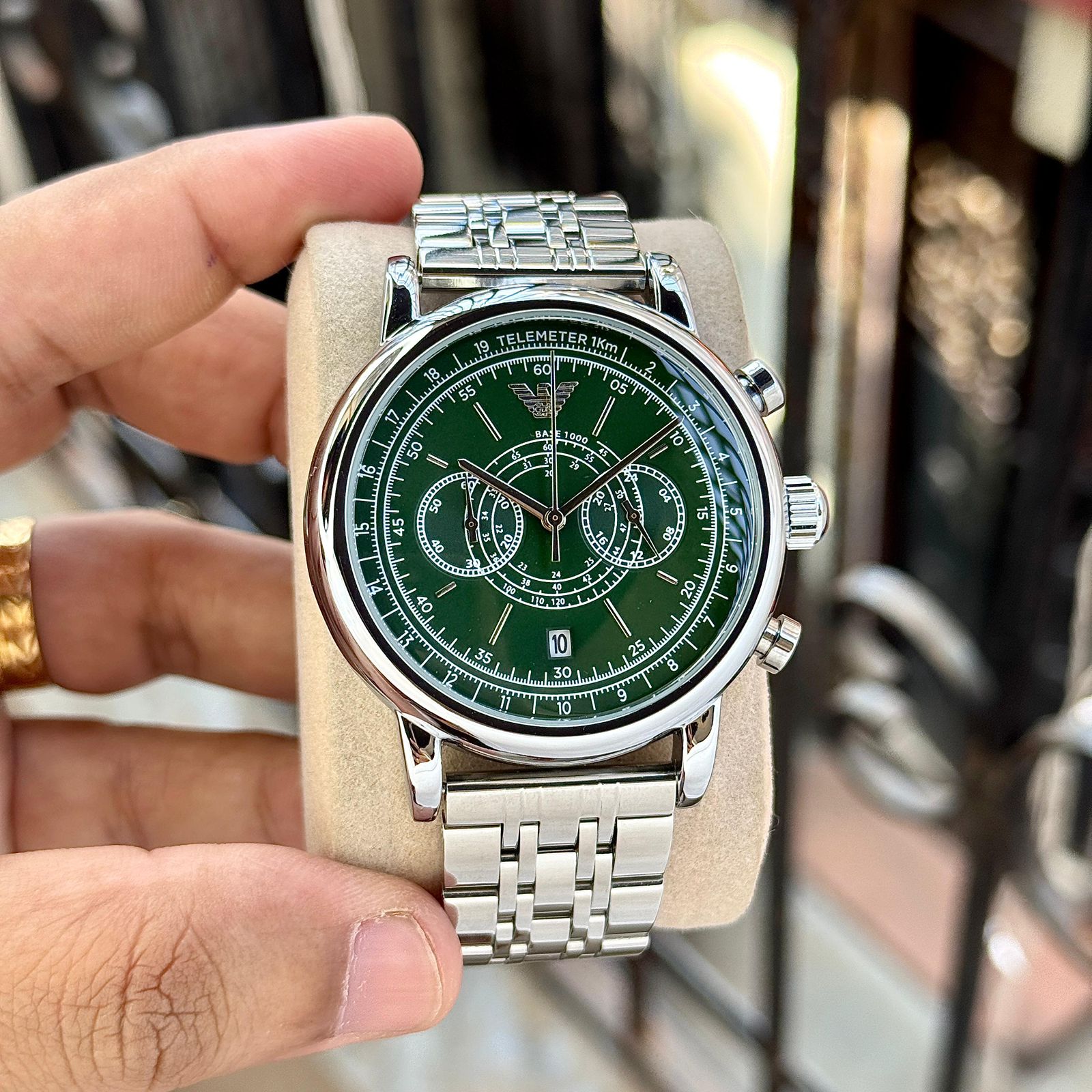 Buy First Copy Emporio Armani Green Dial Telemeter Stainless Steel Chronograph 44mm Quartz Movement Men’s Watch - Master Quality 7A Mirror at Lowest Price Online India