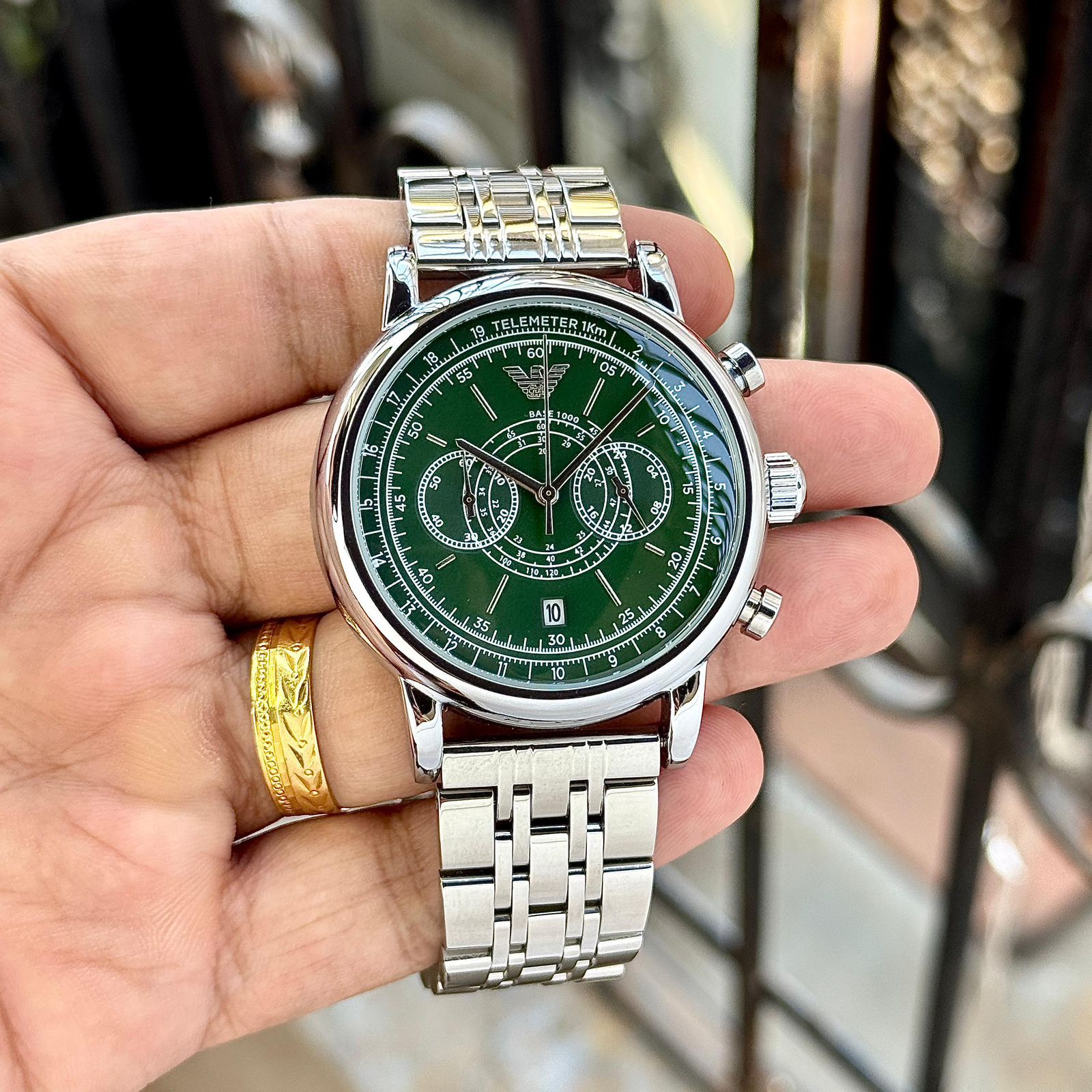 Buy First Copy Emporio Armani Green Dial Telemeter Stainless Steel Chronograph 44mm Quartz Movement Men’s Watch - Master Quality 7A Mirror at Lowest Price Online India