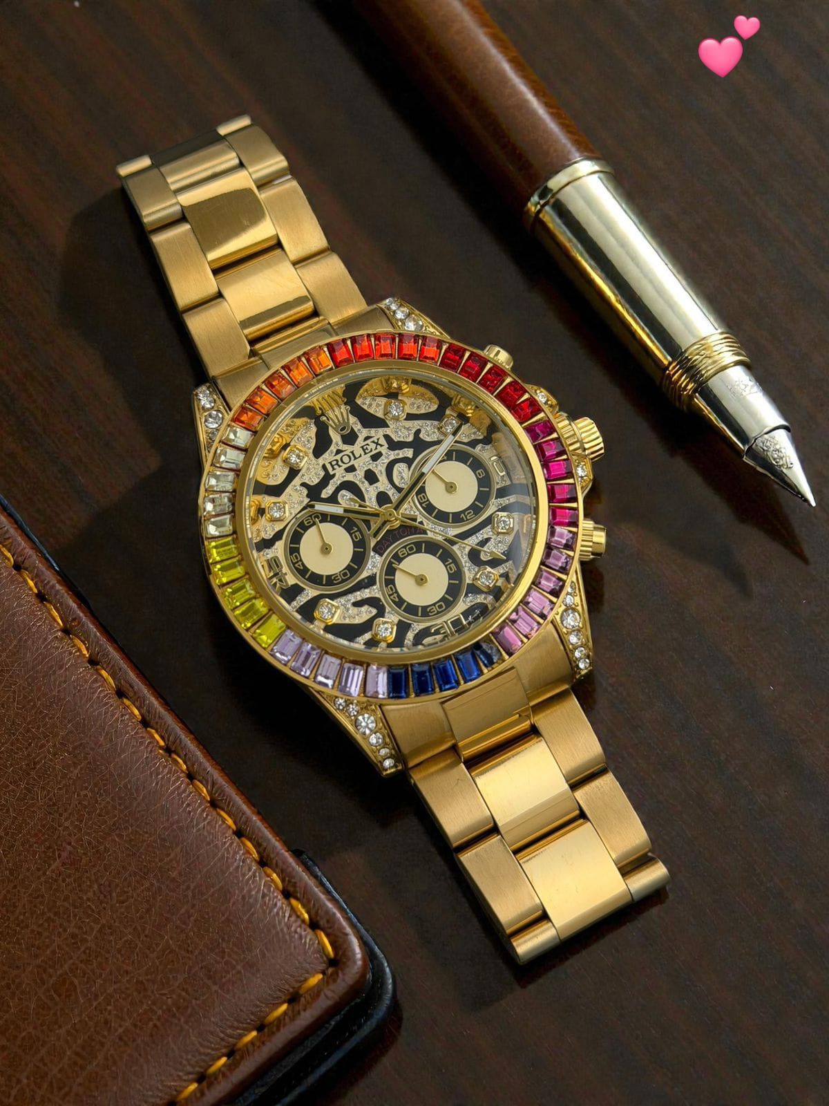Buy First Copy Rolex Rainbow Bezel Gold Skeleton Stainless Steel Chronograph 42mm Quartz Movement Men’s Watch - Master Quality 7A Mirror at Lowest Price Online India