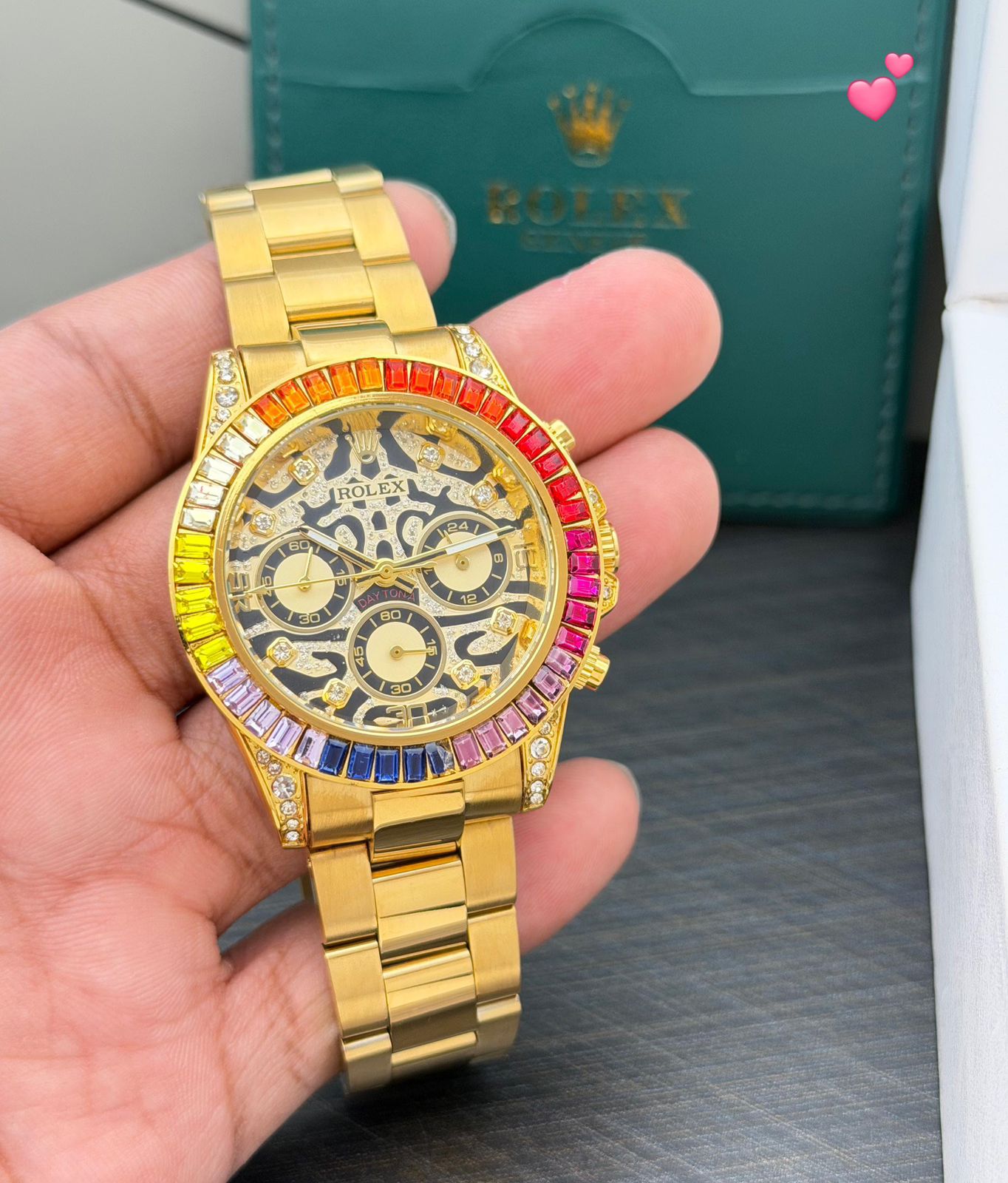 Buy First Copy Rolex Rainbow Bezel Gold Skeleton Stainless Steel Chronograph 42mm Quartz Movement Men’s Watch - Master Quality 7A Mirror at Lowest Price Online India