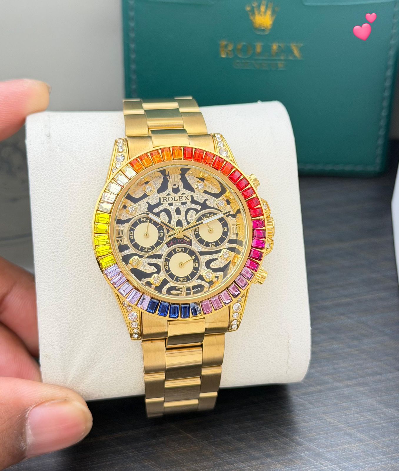Buy First Copy Rolex Rainbow Bezel Gold Skeleton Stainless Steel Chronograph 42mm Quartz Movement Men’s Watch - Master Quality 7A Mirror at Lowest Price Online India