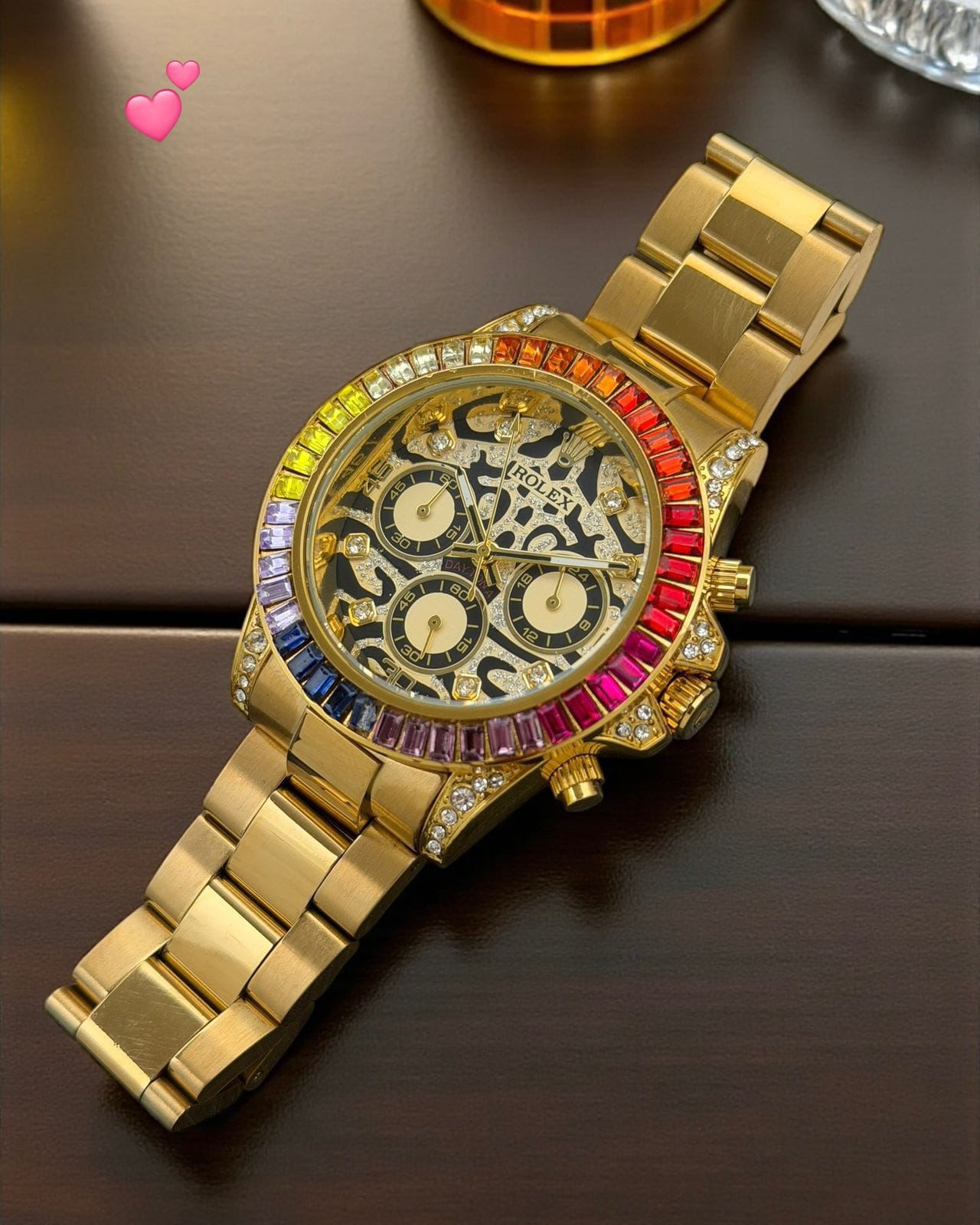 Buy First Copy Rolex Rainbow Bezel Gold Skeleton Stainless Steel Chronograph 42mm Quartz Movement Men’s Watch - Master Quality 7A Mirror at Lowest Price Online India