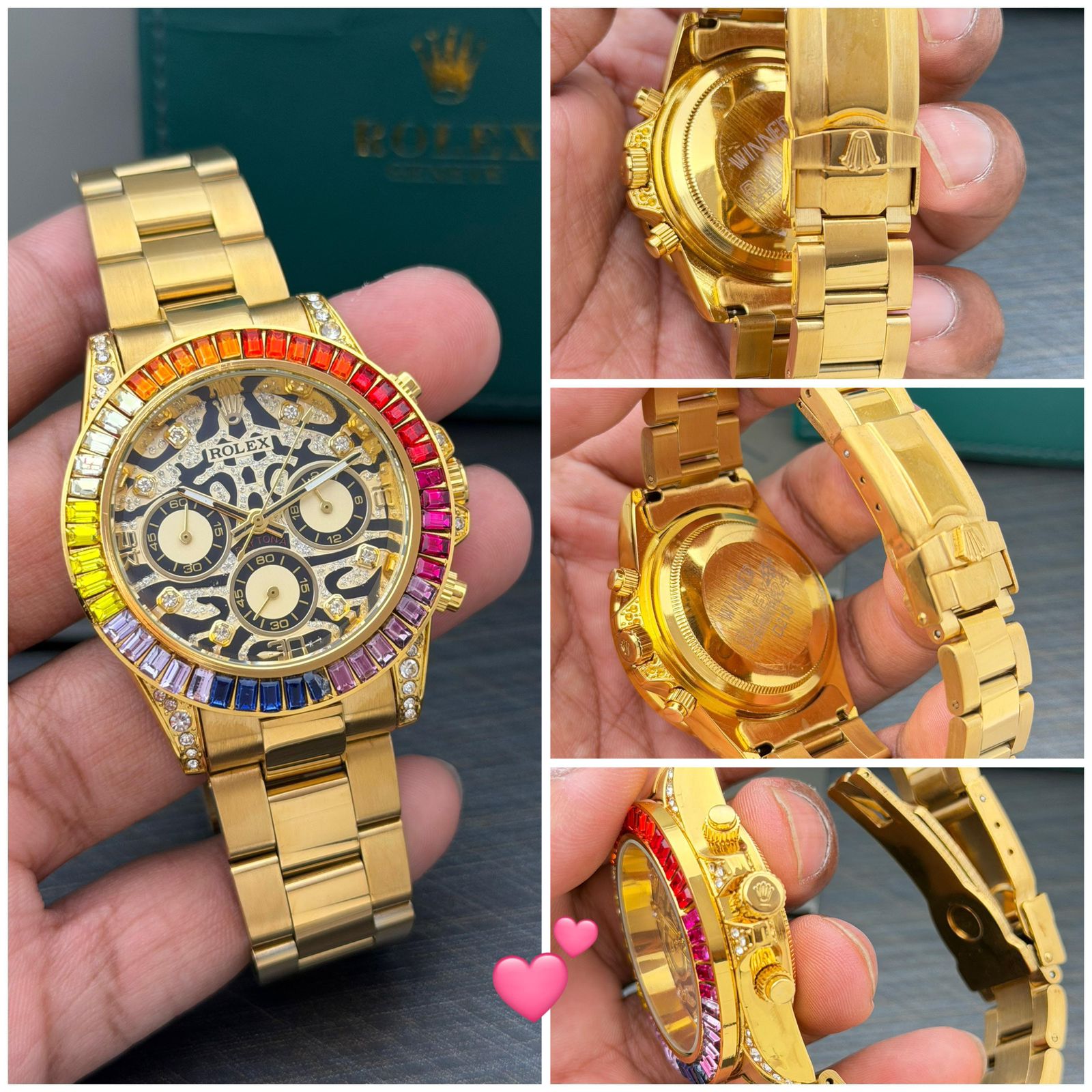 Buy First Copy Rolex Rainbow Bezel Gold Skeleton Stainless Steel Chronograph 42mm Quartz Movement Men’s Watch - Master Quality 7A Mirror at Lowest Price Online India