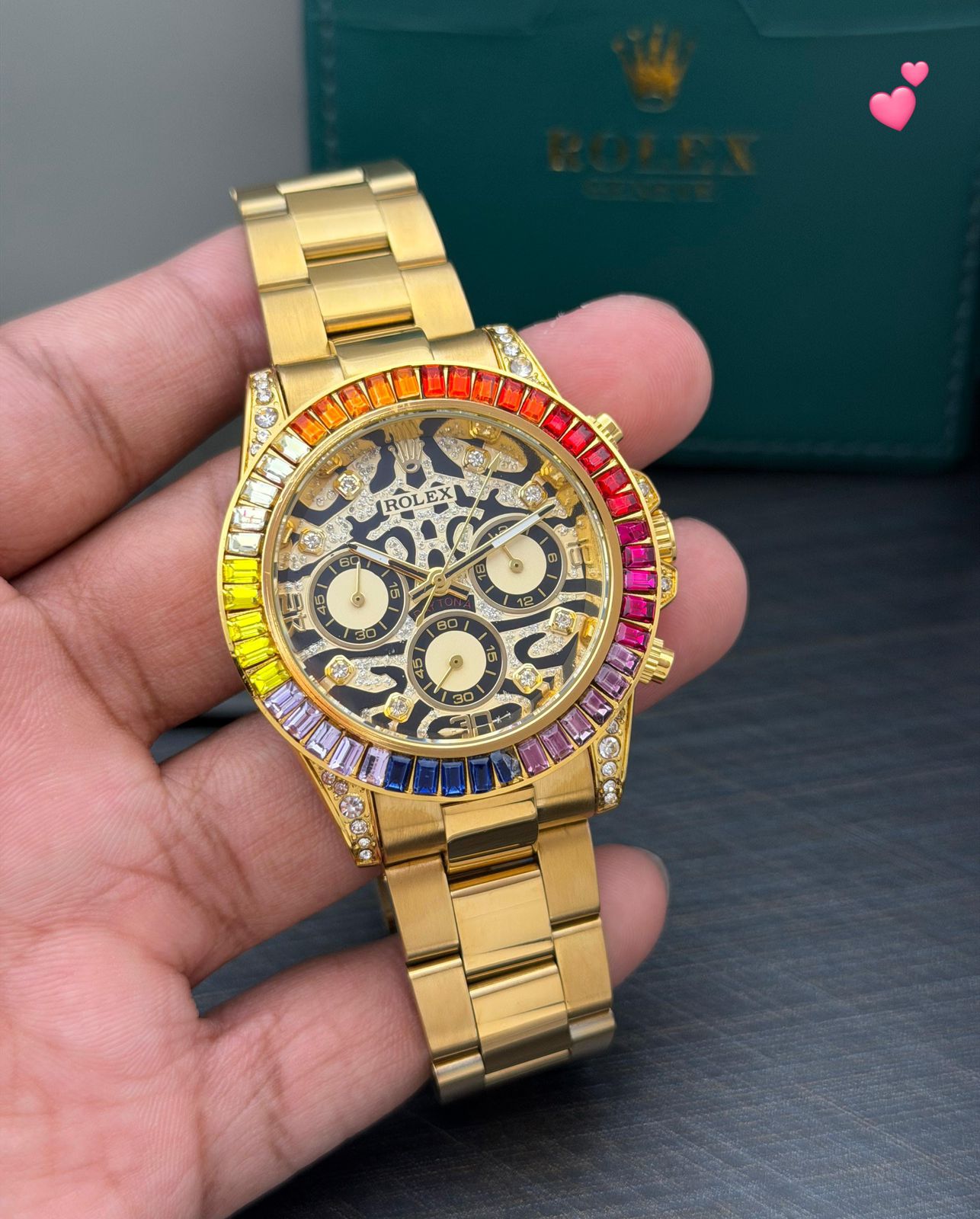 Buy First Copy Rolex Rainbow Bezel Gold Skeleton Stainless Steel Chronograph 42mm Quartz Movement Men’s Watch - Master Quality 7A Mirror at Lowest Price Online India