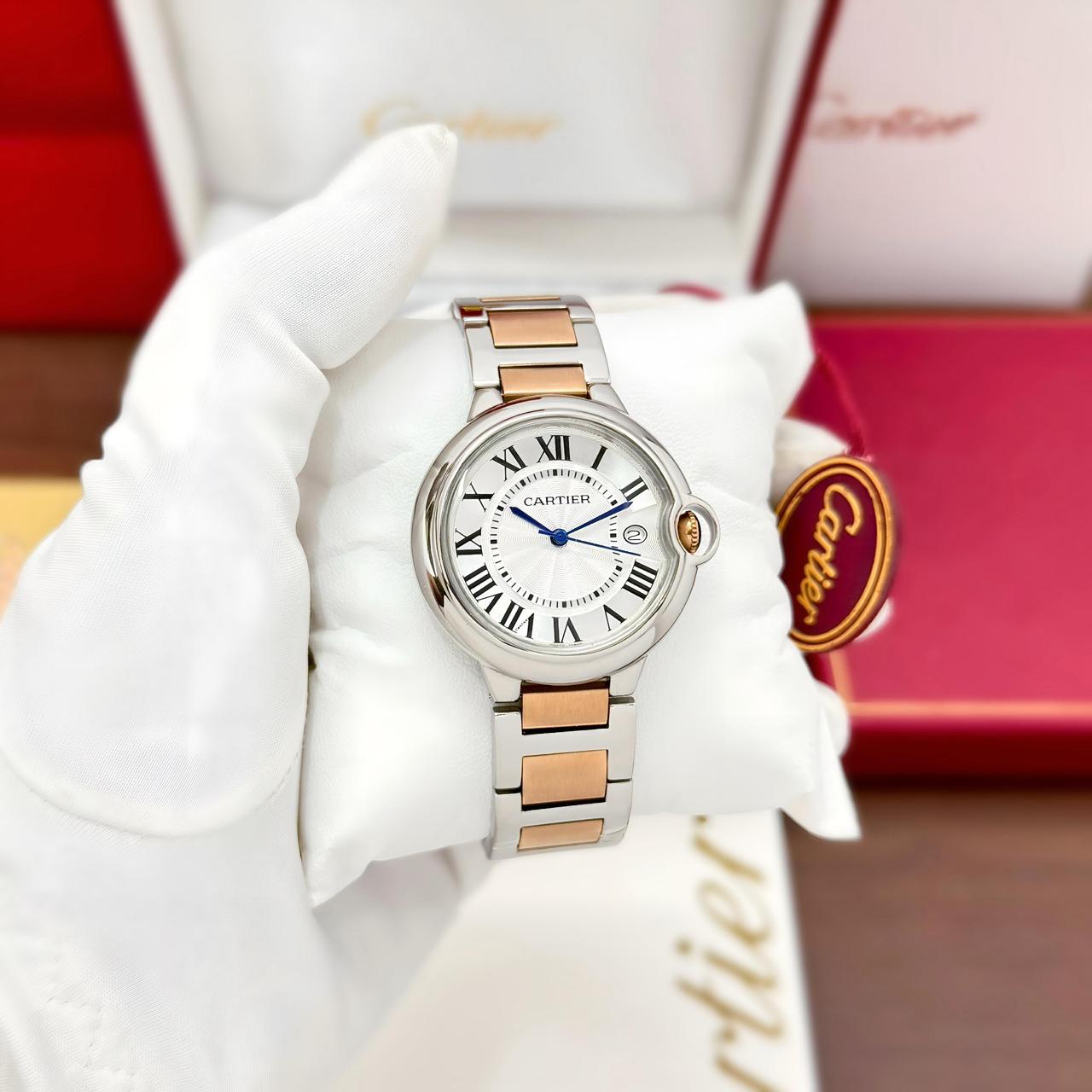 Buy First Copy Cartier Ballon Bleu Two-Tone Stainless Steel Roman Dial 33mm Quartz Movement Women's watch – side view showing authentic design. Cash on Delivery available, Free shipping across India, Pan India delivery, Premium stainless steel build