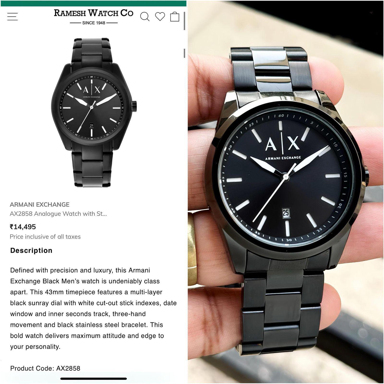 Buy First Copy Armani Exchange 2858 Stainless Steel Black 42mm Quartz Movement Men’s Watch - Master Quality 7A Mirror at Lowest Price Online India
