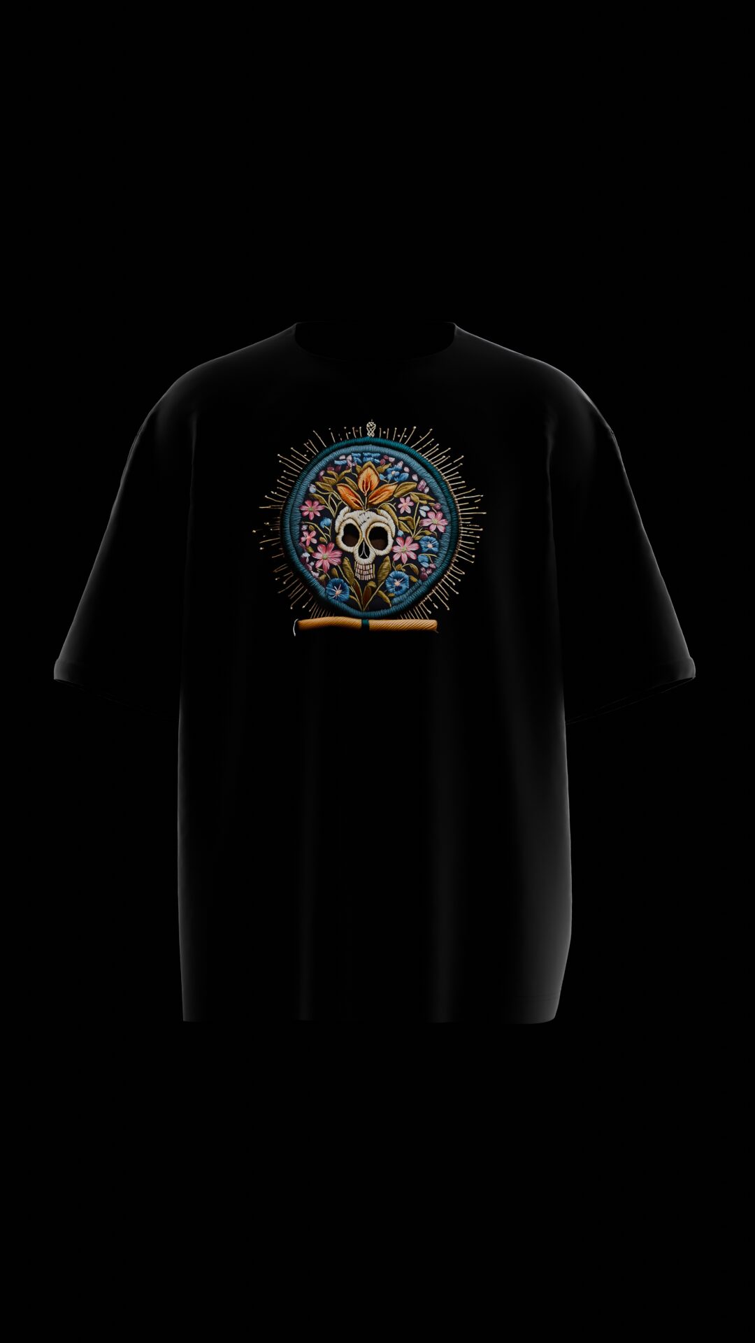 Buy First Copy Ethereal Bloom Oversized T-Shirt – Premium Black Embroidery Tee – detail shot showing authentic design. Cash on Delivery available, Free shipping across India, Pan India delivery