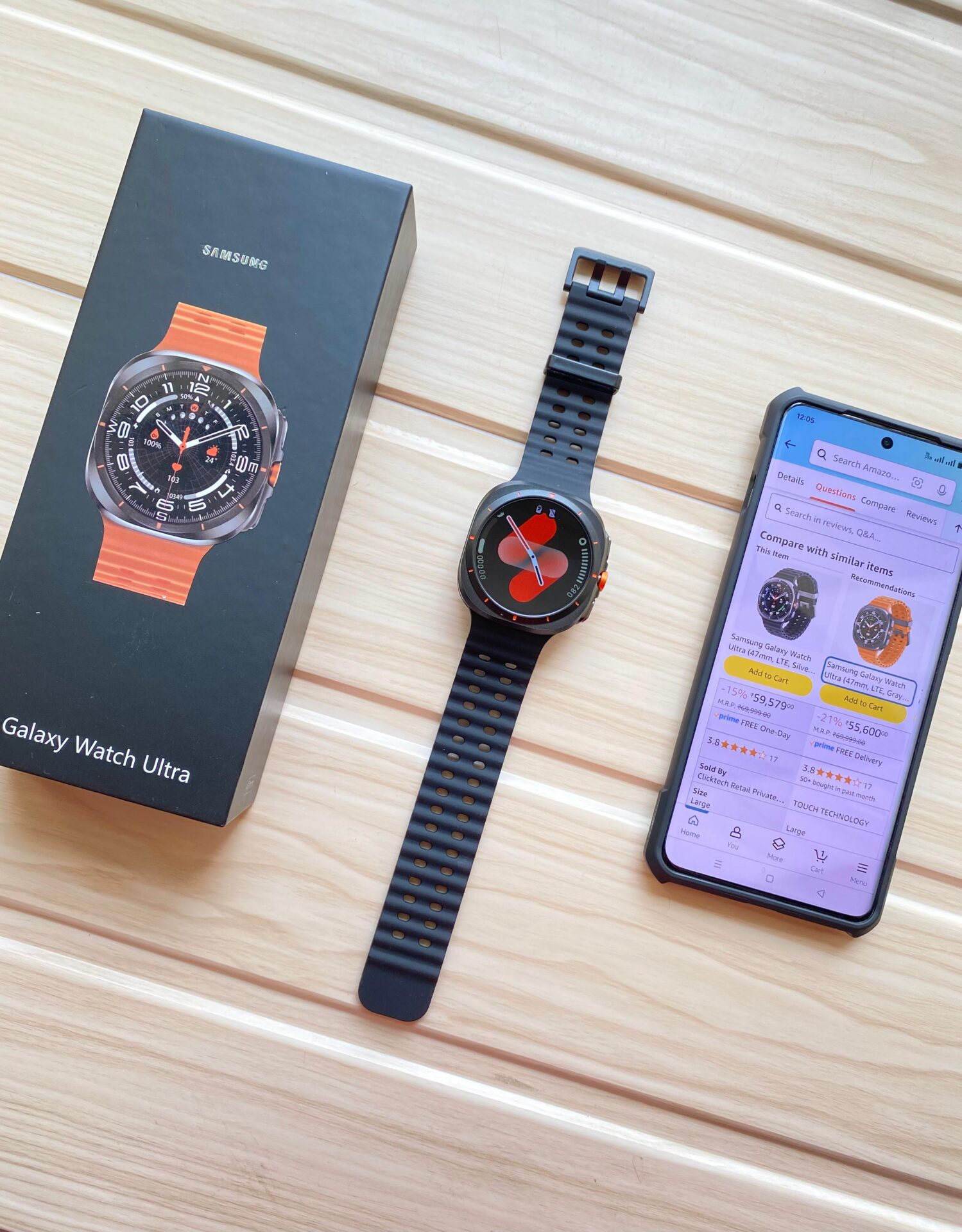 Buy First Copy Premium 1:1 Samsung Galaxy Watch Ultra – AMOLED Smartwatch with Bluetooth Calling & Health Tracking – packaging showing authentic design. Cash on Delivery available, Free shipping across India, Pan India delivery, 1:1 master replica with original box